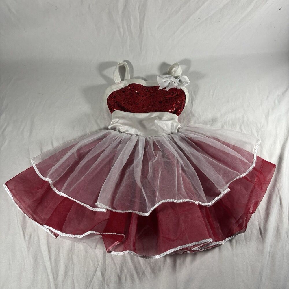 Weissman Red Sequin White Tulle Dance Dress Leotard Girls XSC